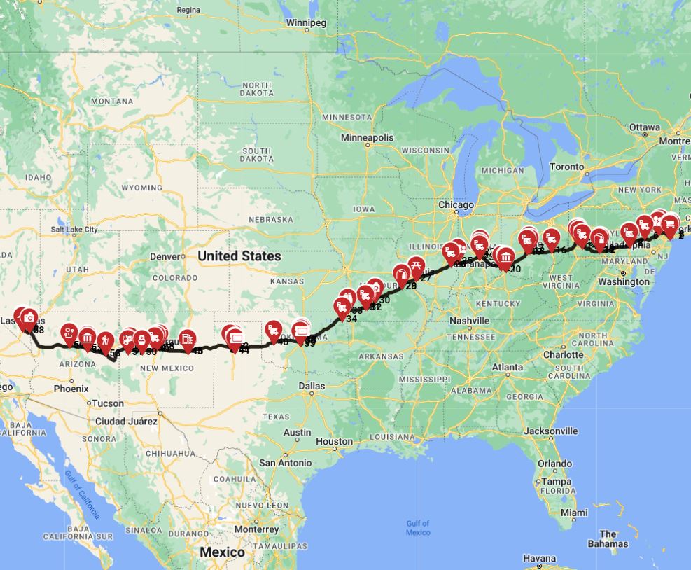 RV route from  New York to Las Vegas
